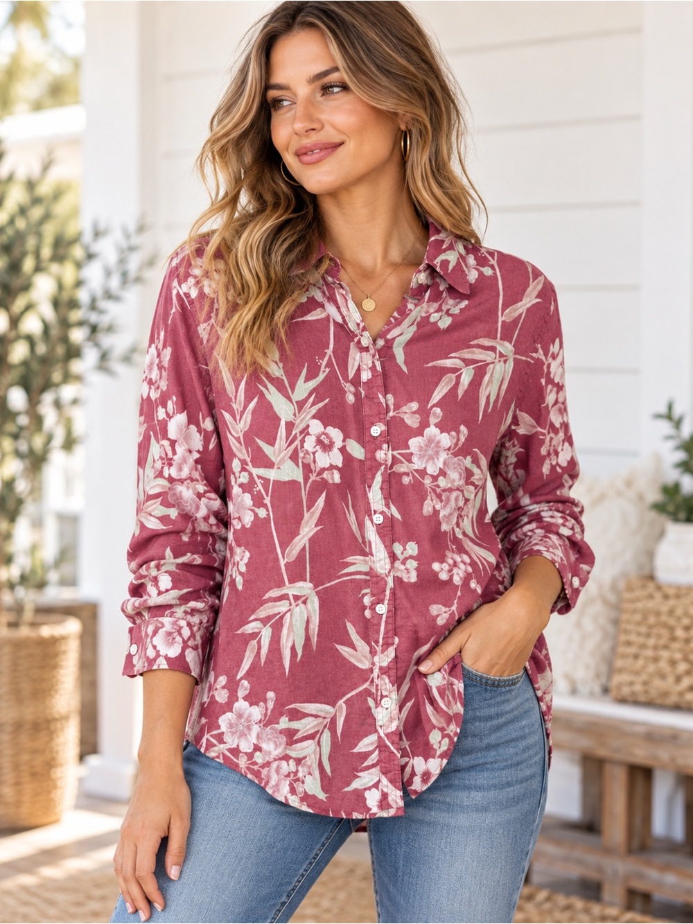 Chaps Floral Bamboo Print Long Sleeve Button Down Shirt Size Small
